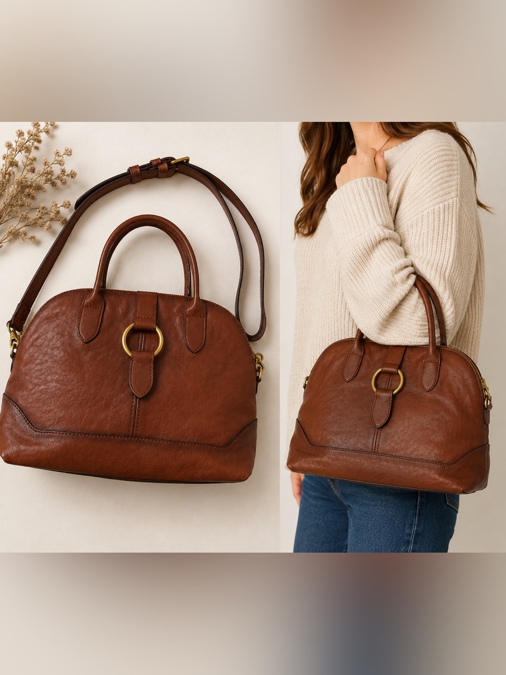 Frye Ring Dome Satchel Crossbody Bag Cognac Brown Leather